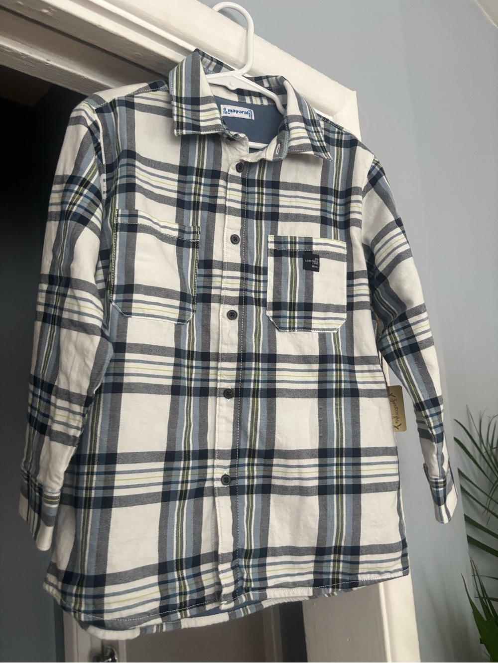 Boys New Mayoral White & Blue Plaid Button-Up Shirt Sz 6